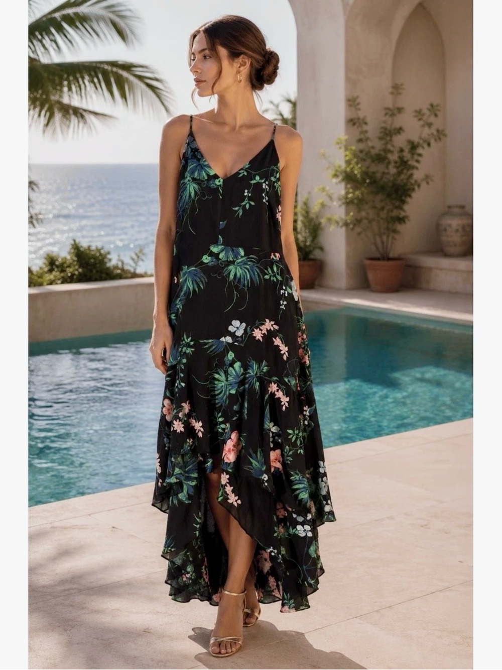 Banana Republic Black Tropical Floral High-Low Maxi Dress